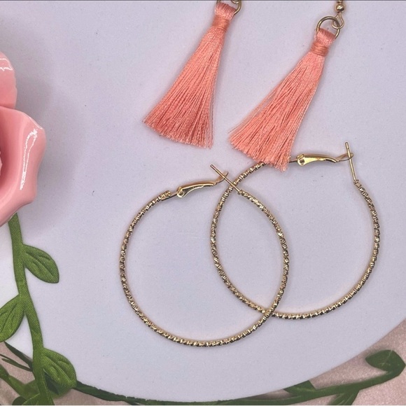 ❤️Gold Knot Studs, Pink Tassels, and Gold Hoop Earrings Set - Picture 3 of 7